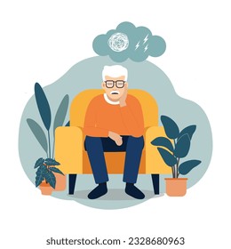 Anxious Senior Man Sitting on Sofa. Flat design style Vector Illustration.