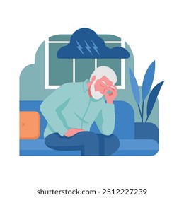 Anxious Senior Man Sitting on Sofa. Flat design style Vector Illustration