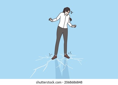 Anxious Stressed Businesswoman Walk On Thin Ice Risk In Company Deal Or Offer. Worried Woman Employee Take Risky Decision, Unsure Doubtful. Cartoon Character, Flat Vector Illustration. 