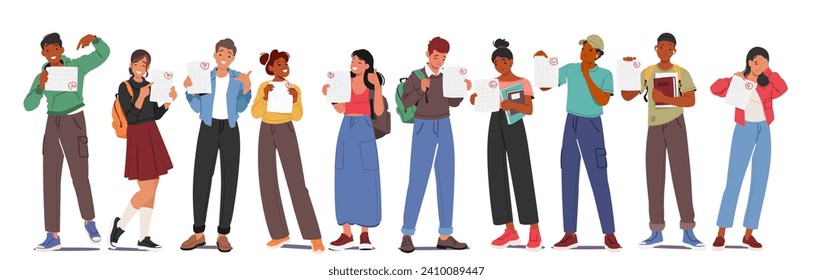 Anxious Students Male Female Characters Reveal Test Results With A Mix Of Relief And Tension, Their Emotions Ranging From Triumphant Smiles To Disappointed Frowns. Cartoon People Vector Illustration