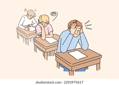 Anxious students sitting at desk in classroom writing test together. Worried pupils finish examination in classroom. Education and exam time. Vector illustration. 