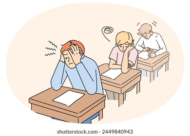 Anxious students sitting at desk in classroom writing test together. Worried pupils finish examination in classroom. Education and exam time. Vector illustration.