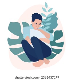 Anxious teen girl suffering from depression. Woman mental health concept. Young unhappy girl with pillow sitting and hugging her knees. Depressed teenager. Vector flat illustration EPS10
