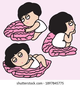 Anxious And Tired Girl Laying On Her Own Bean Bag Shaped Brain Concept Card Character illustration