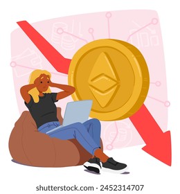 Anxious Trader Female Character Panics As Ethereum Cryptocurrency Price Decrease, Fearing Financial Loss And Uncertainty In Market, Exacerbating The Downward Trend. Cartoon People Vector Illustration