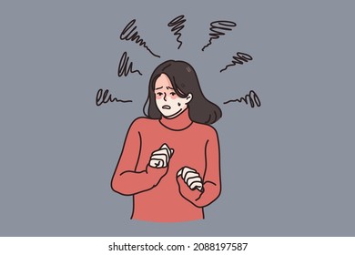 Anxious unhappy woman feel scared depressed suffer from mental psychological disorder. Upset worried female struggle with depression or anxiety panic attack. Healthcare concept. Vector illustration. 