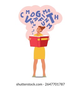 Anxious woman cartoon character with opened book having problem in reading, learning and spelling words due to dysgraphia and dyslexia syndrome. People neurodiversity awareness vector illustration