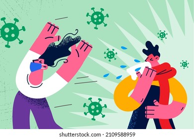 Anxious woman in facemask feel scared run from man coughing and sneezing terrified of corona virus infection. Worried girl frightened of sick guy. Covid-19, corona concept. Vector illustration. 