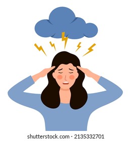 Anxious woman feeling sad and stress under thunder cloud in flat design. Female worries about her problem and got headache. Depression symptom.