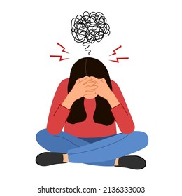 Anxious woman feeling sad and stress sitting on the floor in flat design. Female worries about her problem and got headache. Depression symptom.