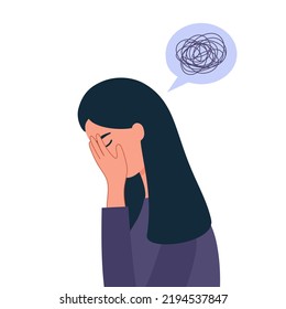 Anxious woman feeling sad and stress in flat design. Female worries about her problem and got headache. Depression symptom.