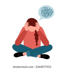 Anxious woman feeling sad and stress sitting on the floor in flat design. Female worries about her problem and got headache. Depression symptom.