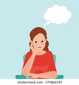 Anxious woman feeling sadness and thought balloon sitting on the chair isolated on white, cartoon character vector illustration.