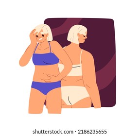 Anxious woman with gaining weight, getting fat phobia, Obesophobia concept. Psychology mental obsession with body shape, overweight problem. Flat vector illustration isolated on white background