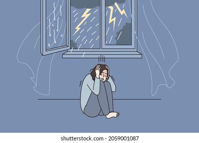 Anxious woman hide cover ears afraid scared of thunderstorm at home. Worried distressed female feel terrified frightened by thunder, have astraphobia. Anxiety, panic attack. Vector illustration. 