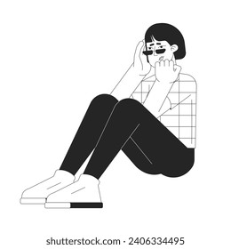Anxious woman korean black and white 2D line cartoon character. Asian nervous female isolated vector outline person. Headache holding head girl sitting on floor monochromatic flat spot illustration