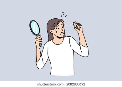 Anxious woman look in mirror find grey hair scared of early aging. Worried unhappy female feel stressed shocked become grey-haired. Life personal changes concept. Maturity. Flat vector illustration. 