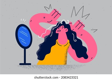 Anxious woman look in mirror stressed with first grey hair on head. Unhappy frustrated female feel shocked distressed become grey-haired. Aging and beauty concept. Flat vector illustration. 
