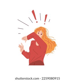 Anxious woman in panic covering her face with her hand, flat vector illustration isolated on white background. Woman in panic and fear, anxiety and terror.