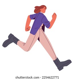 Anxious woman running. Busy worried haunted girl rushing, moving fast on urgent business, urgency. Panicked frightened person in action. Flat vector illustration isolated on white background