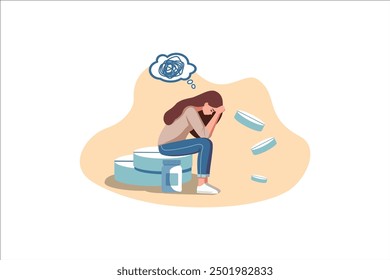 Anxious woman Sitting on Big Pill Face with Hands, Crying, Feel Frustrated. Depressed Business woman Suffer of Depression, Crisis, Anxiety Problem, Sad Female Character. 