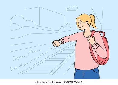 Anxious woman stand on platform on railway station check time on wristwatch. Worried girl look at watch on hand frustrated with train late. Commuting and transportation. Vector illustration. 