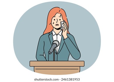 Anxious woman stand at tribune suffer from public speaking phobia. Worried female speaker present at conference struggle with anxiety. Vector illustration.