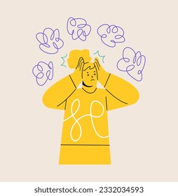 Anxious woman suffering from obsession, anxiety, worrying, concerning. Intrusive thoughts. Psychology concept. Colorful vector illustration