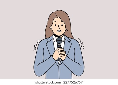 Anxious woman in suit scared talking on microphone on meeting or seminar. Worried female speaker with mic in hands feel terrified giving speech in public. Vector illustration. 