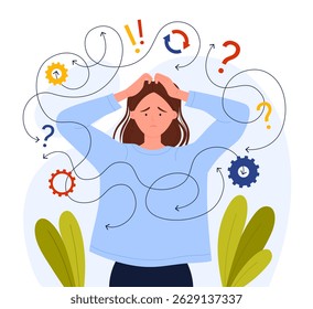 Anxious woman surrounded by chaotic symbols, feeling overwhelmed and stressed, isolated on white background vector illustration