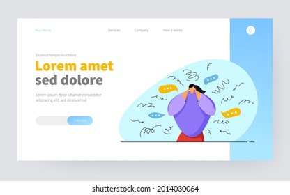 Mujer angustiada pensando en problemas. Descomposición mental a partir del estrés, ansiedad, trauma liso de ilustración vectorial. Salud mental, ansiedad, concepto de neurosis para banner, diseño de sitios web o página web de aterrizaje