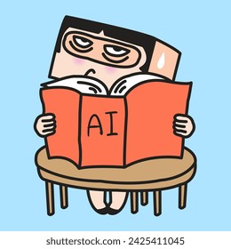 Anxious Woman Turn Into A Robot Square Head Reading How AI Works Book Concept Card Character illustration