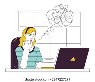 Anxious woman working at office flat line concept vector spot illustration. Freelancer 2D cartoon outline character on white for web UI design. Editable isolated color hero image