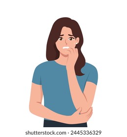 Anxious worried woman girl teenager character looking stressed and nervous with hands on mouth. Flat Vector Illustration isolated on White Background