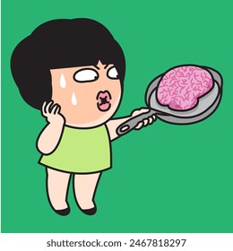 Anxious Young Woman’s Brain Is Fried In Frying Pan Concept Card Character illustration