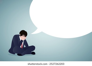 Anxious young businessman with empty speech bubble on blue background. Opinion and mock up place

