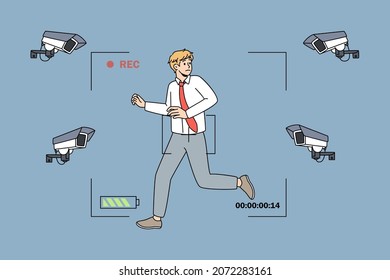 Anxious young businessman run stressed with cameras fixing following him. Worried unhappy man employee distressed panic with photo cam shoot moves. Privacy lack concept. Vector illustration. 