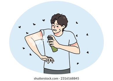 Anxious young man apply anti-mosquito spray on body struggle from bites on summer day. Guy use insect repellent keep mosquitos away. Flat vector illustration.