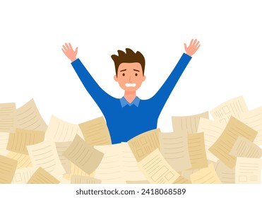 Anxious young man drowning in paper bills and bank notification. Unhappy worried male employee in pile of paperwork and documents. Deadline, workload problem.