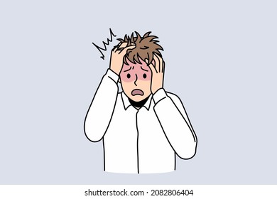 Anxious young man feel distressed worried suffer from panic attack or anxiety. Unhappy unwell guy struggle with depression or mental problems. Psychological instability concept. Vector illustration. 