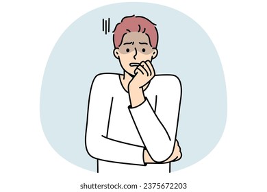 Anxious young man feeling terrified and worried. Unhappy guy feel afraid and astonished. Emotion control and mental problems. Vector illustration.