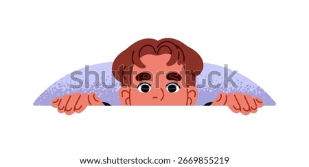Anxious young man hides behind wall, peeps out. Scared curious person is peeking outside hole. Shocked, afraid boy looks out with curiosity. Flat isolated vector illustration on white background