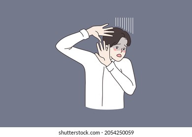 Anxious young man make stop hand gesture feel scared frightened. Millennial guy show denial rejection, terrified and afraid. Human emotion, fear and scare. Panic, anxiety. Flat vector illustration. 