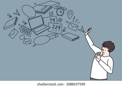 Anxious Young Man Overwhelmed With Information Overload Stop Digital Flow. Worried Guy Have Data Abundance Overstock, Reject Notification. Virtual Hygiene Concept. Flat Vector Illustration. 