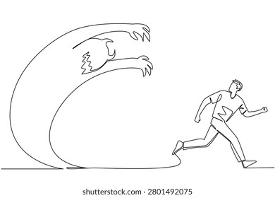 Anxious young man running away from a chasing giant shadow monster figure in a continuous line drawing, suitable for an educational poster, International Panic Day article, or stress concept.