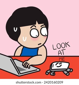 Anxious Young Woman Can't Stop Looking And Feeling Like To Pick Up Her Mobile Device On The Table While Working. Addictive Relationship Between Human And Smartphone Concept Card Character illustration