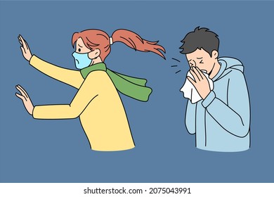 Anxious young woman in facemask scared of sick man sneezing have running nose afraid of covid-19 pandemics. Worried girl terrified by unhealthy male stressed with coronavirus. Vector illustration. 