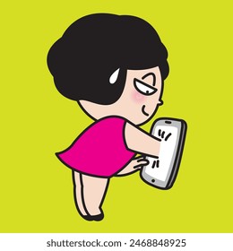 Anxious Young Woman Gets Sucked Into Her Tablet Screen From Too Much Social Media Concept Card Character illustration