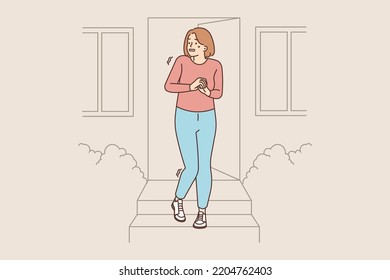 Anxious young woman leave house feel panic attack suffer from sociophobia. Unhealthy worried girl struggle with mental psychological problems. Vector illustration. 