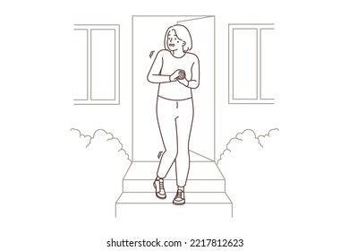 Anxious young woman leave house feel panic attack suffer from sociophobia. Unhealthy worried girl struggle with mental psychological problems. Vector illustration. 